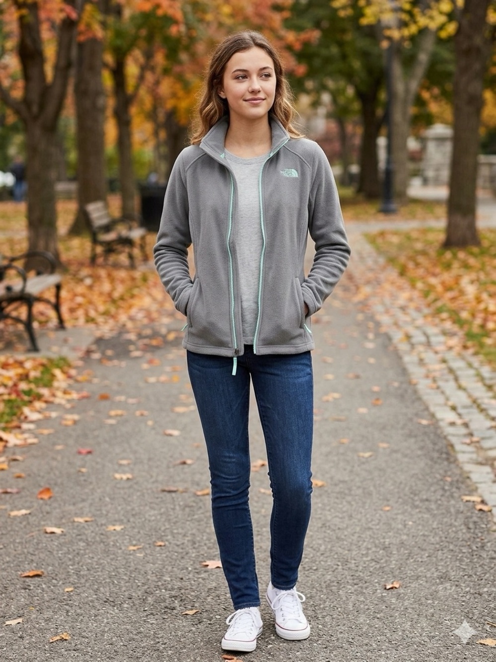 The North Face Gray Fleece Jacket with Mint & Purple Accents Girls’ Size XL